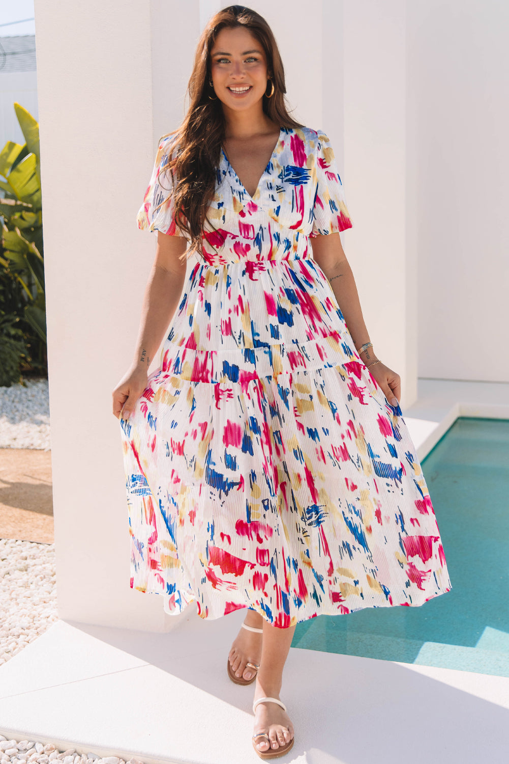 Abstract Print Short Puff Sleeve Tiered Maxi Dress White 100%Polyester