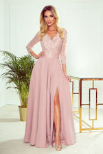 Numoco Amber Long Maxi Occasion Lace Top Long Sleeve Thigh Slit Dress pink