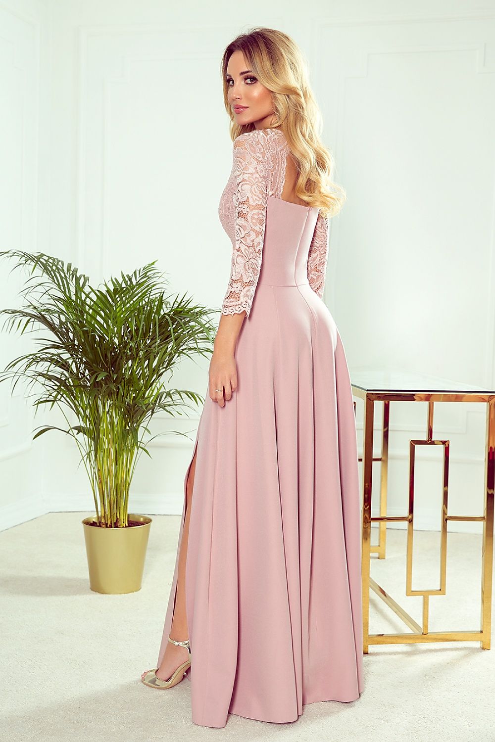 Numoco Amber Long Maxi Occasion Lace Top Long Sleeve Thigh Slit Dress