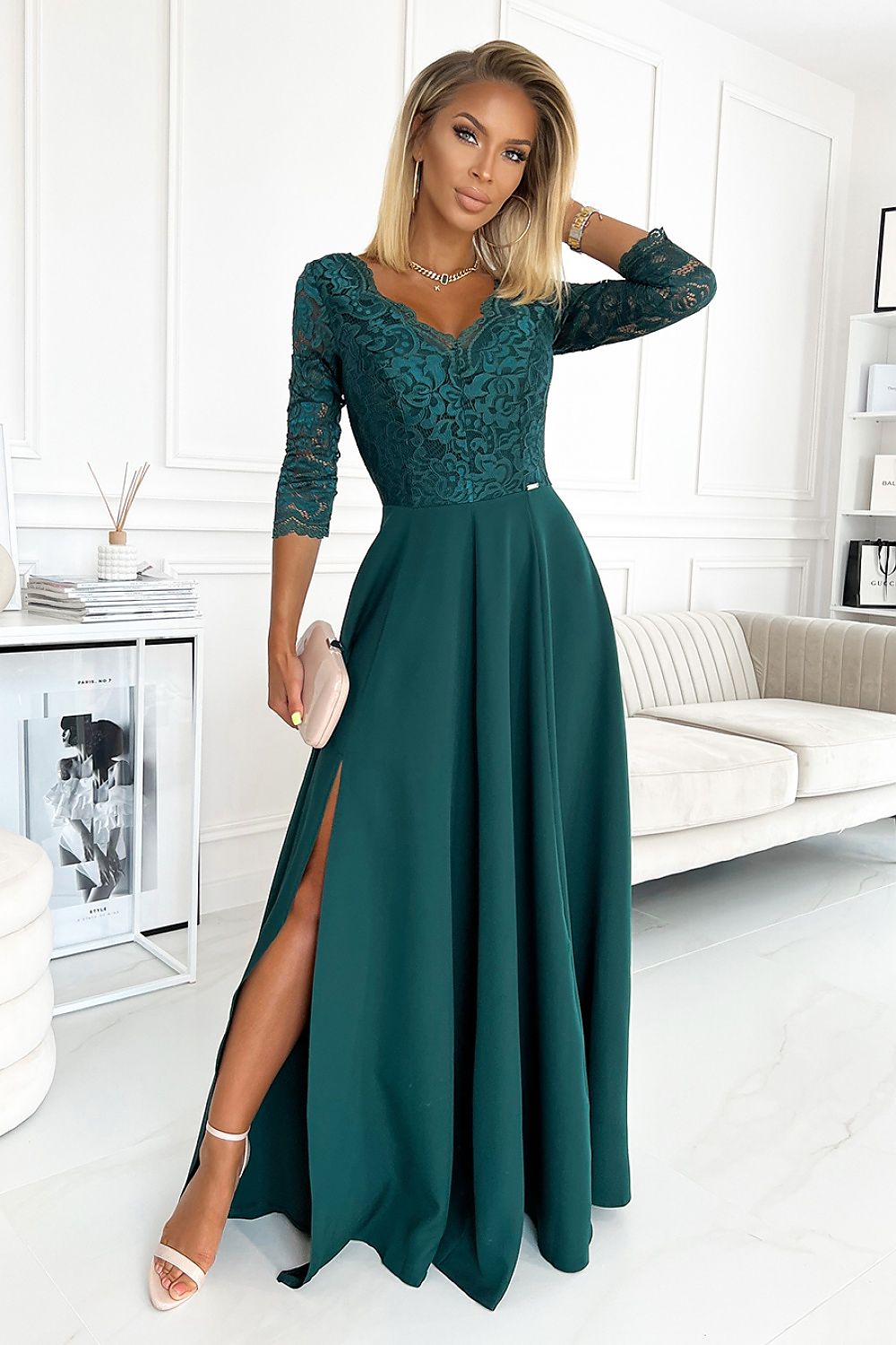 Numoco Amber Long Maxi Occasion Lace Top Long Sleeve Thigh Slit Dress green