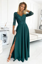 Numoco Amber Long Maxi Occasion Lace Top Long Sleeve Thigh Slit Dress green