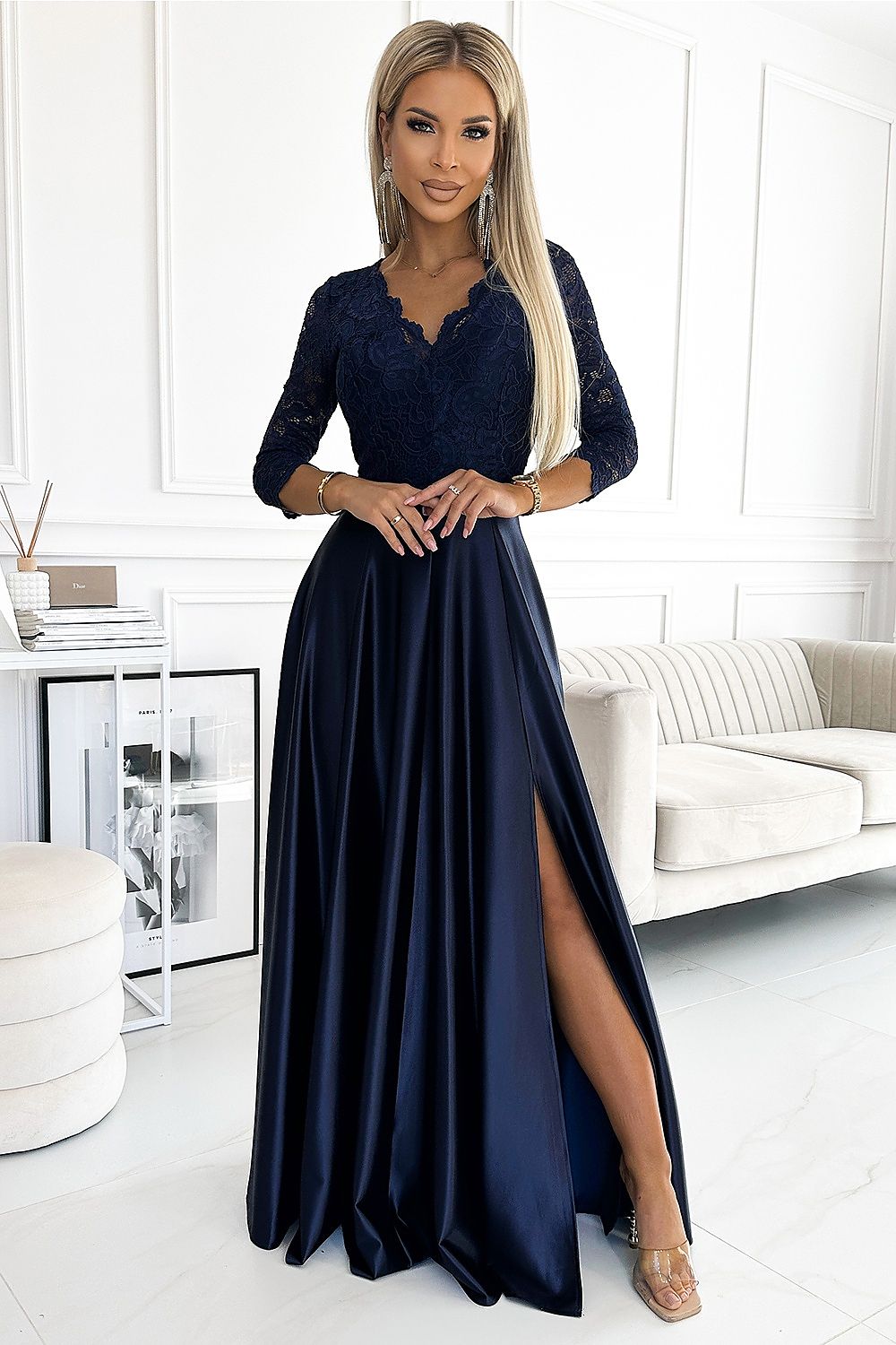 Numoco Amber Long Maxi Occasion Lace Top Long Sleeve Thigh Slit Dress navy blue 2