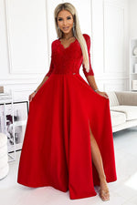 Numoco Amber Long Maxi Occasion Lace Top Long Sleeve Thigh Slit Dress red