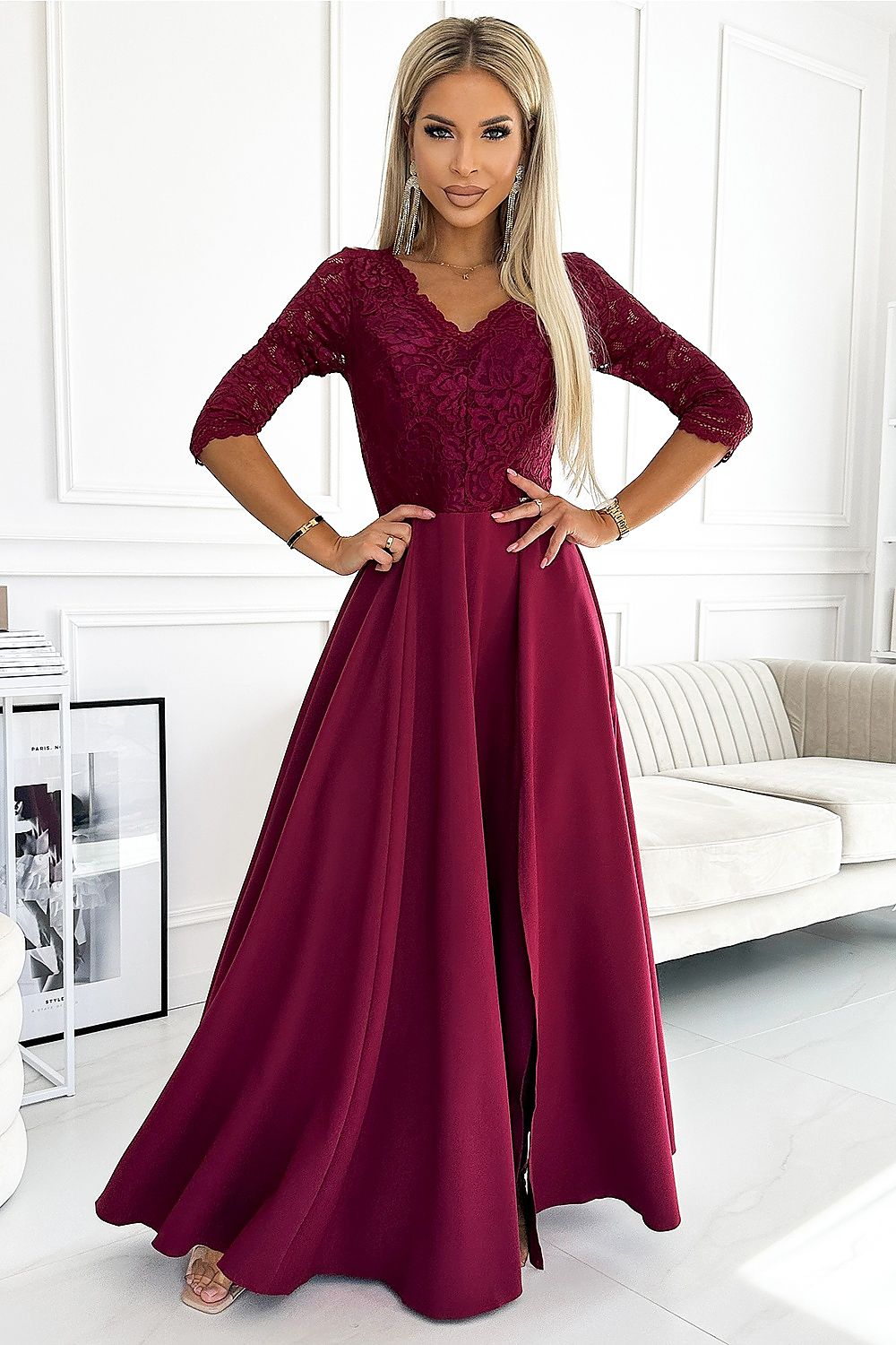 Numoco Amber Long Maxi Occasion Lace Top Long Sleeve Thigh Slit Dress red 2