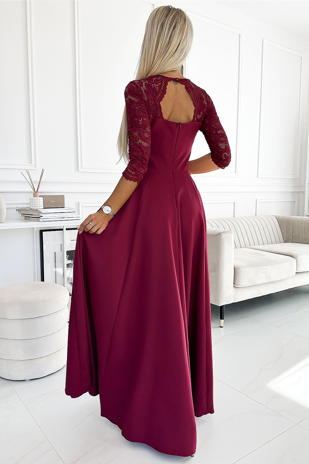 Numoco Amber Long Maxi Occasion Lace Top Long Sleeve Thigh Slit Dress