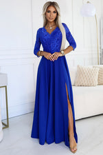 Numoco Amber Long Maxi Occasion Lace Top Long Sleeve Thigh Slit Dress blue 2