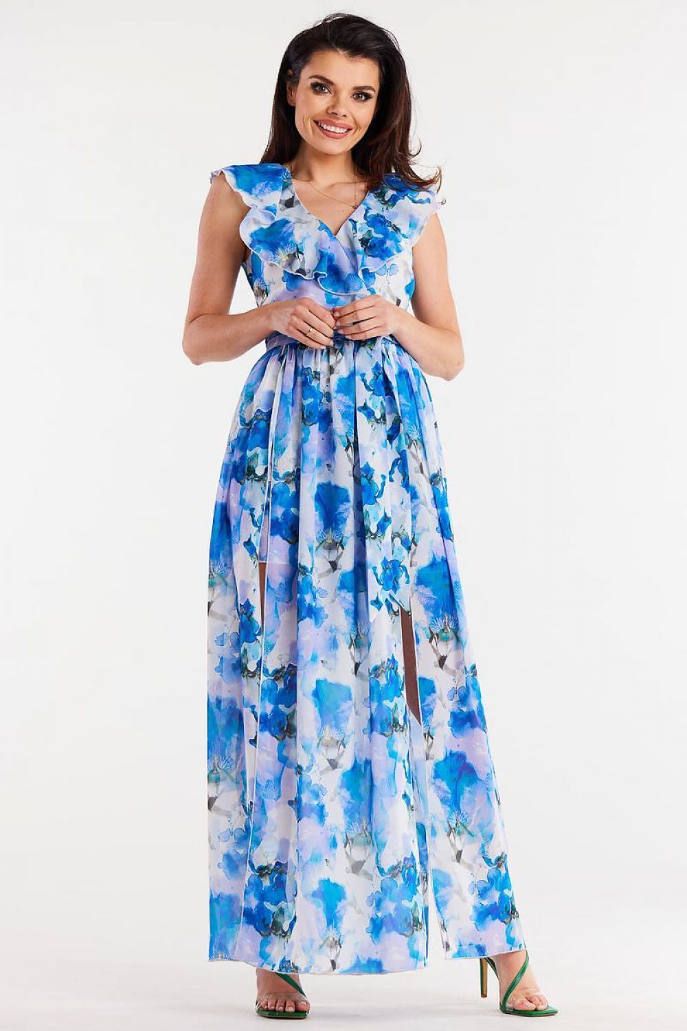 Awama Chiffon Daydress with Envelope Ruffle and Asymmetrical Slit Design