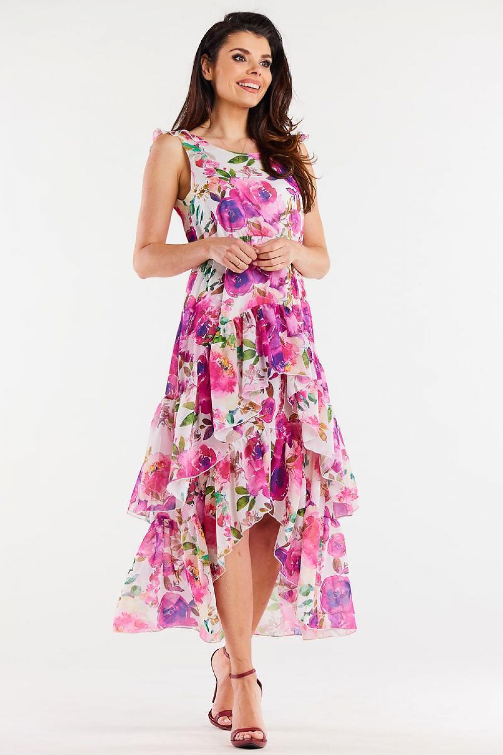 Awama Chiffon Ruffle Asymmetrical Mini Dress with Elastic Waist white