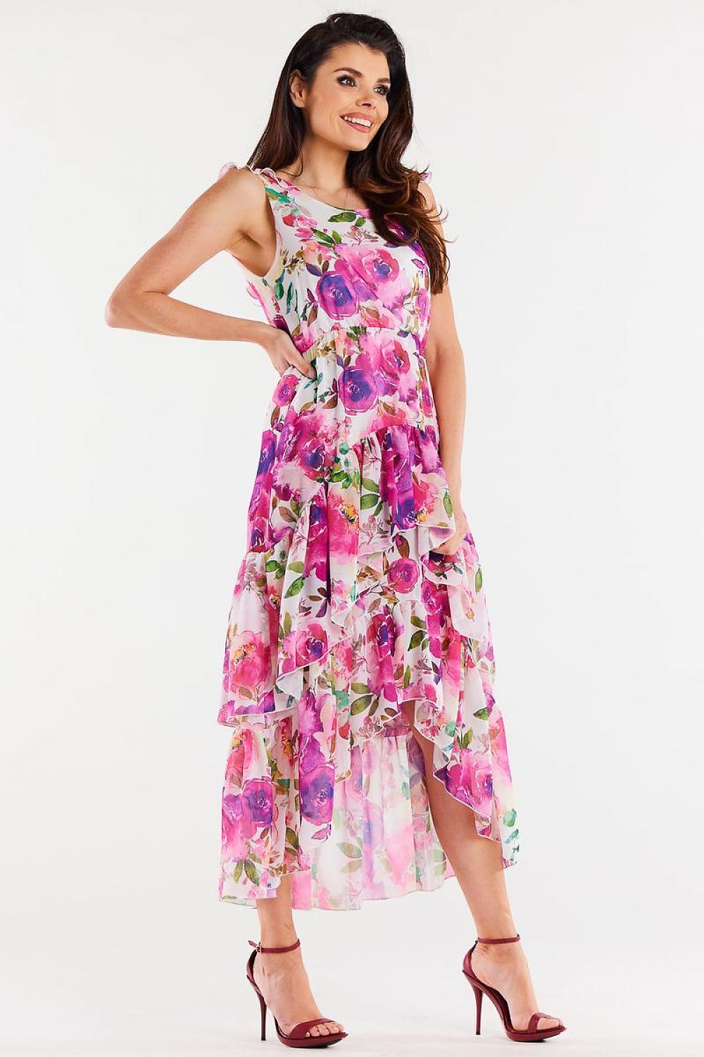 Awama Chiffon Ruffle Asymmetrical Mini Dress with Elastic Waist