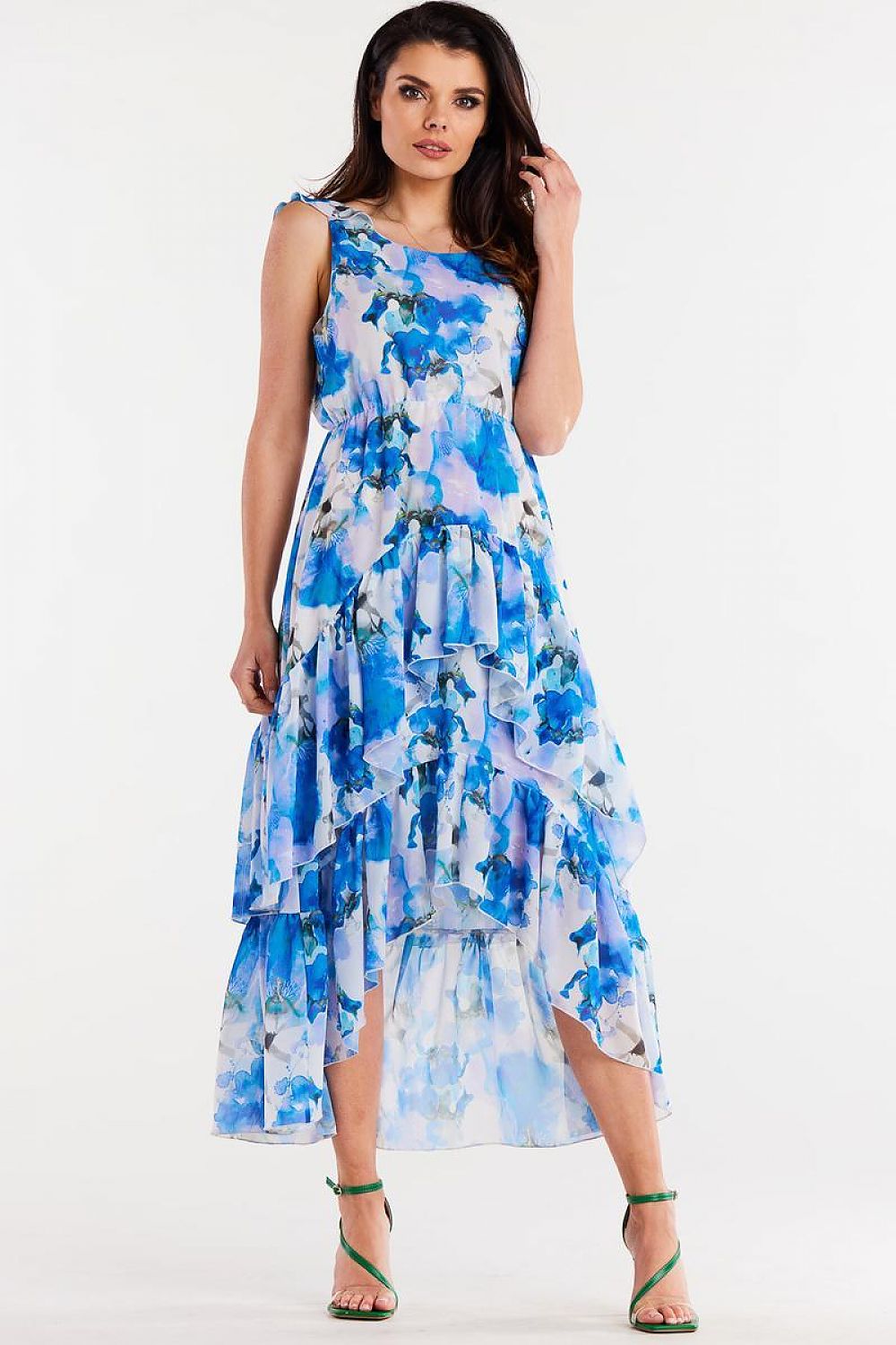 Awama Chiffon Ruffle Asymmetrical Mini Dress with Elastic Waist blue
