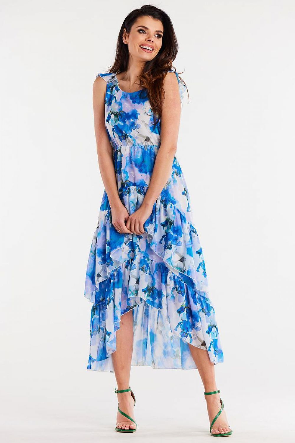 Awama Chiffon Ruffle Asymmetrical Mini Dress with Elastic Waist