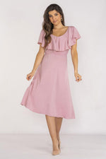 Awama Elegant Midi Daydress with Ruffled Neckline pink