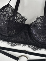 Black Lace Metal O Ring Three-piece Lingerie Set