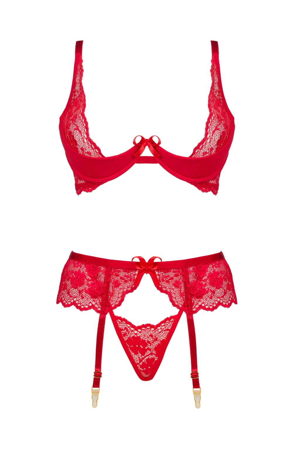Beauty Night Rose Delicate Lace Bra, Thong & Garter Red Lingerie Set