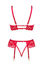 Beauty Night Rose Delicate Lace Bra, Thong & Garter Red Lingerie Set