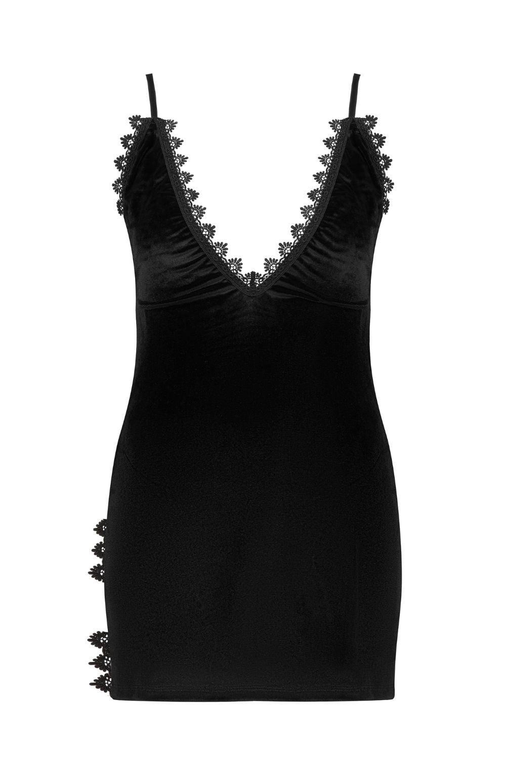 Beauty Night Paloma Shiny Velour Guipure Deep Neckline Mini Nightdress Black