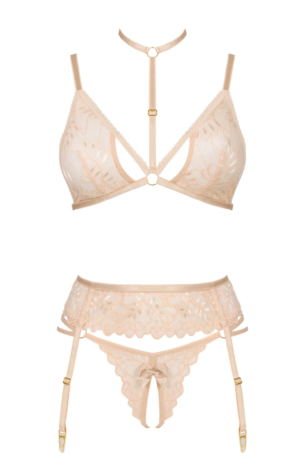 Beauty Night Noemi Delicate Nude Lace Open Thong Garter Lingerie Set Nude