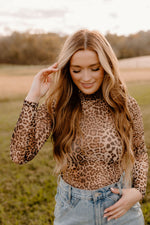 Brown Leopard Print Smocked Neck Mesh Long Sleeve Bodysuit
