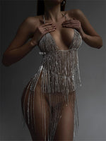 CENSORED Silver Rhinestone Crystal 2 Piece Lingerie Set One Size