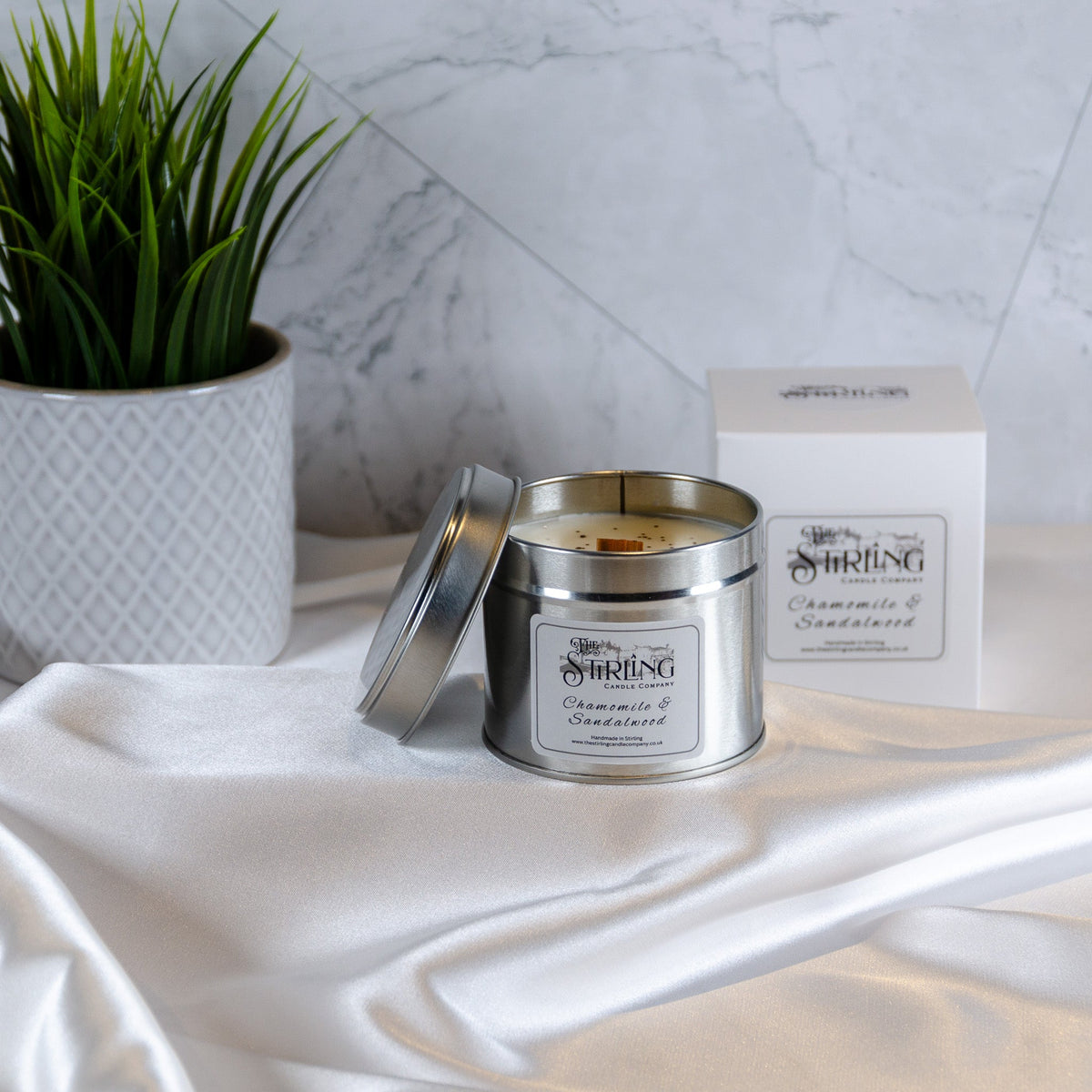 The Stirling Candle Company Chamomile & Sandalwood - Travel Tin Candle - Wooden Wick