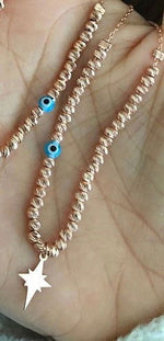 Charm Necklace with Silver Beads Evil Eye Talisman and Charms Rose Gold Plated Silver with morning star