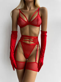 CRAVE Red 4 Piece Strappy Lingerie Set - Bra, Suspender Belt & Thong