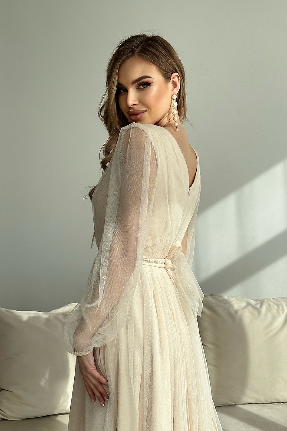 Bicotone Midi Mesh Sleeve Layered Evening Dress