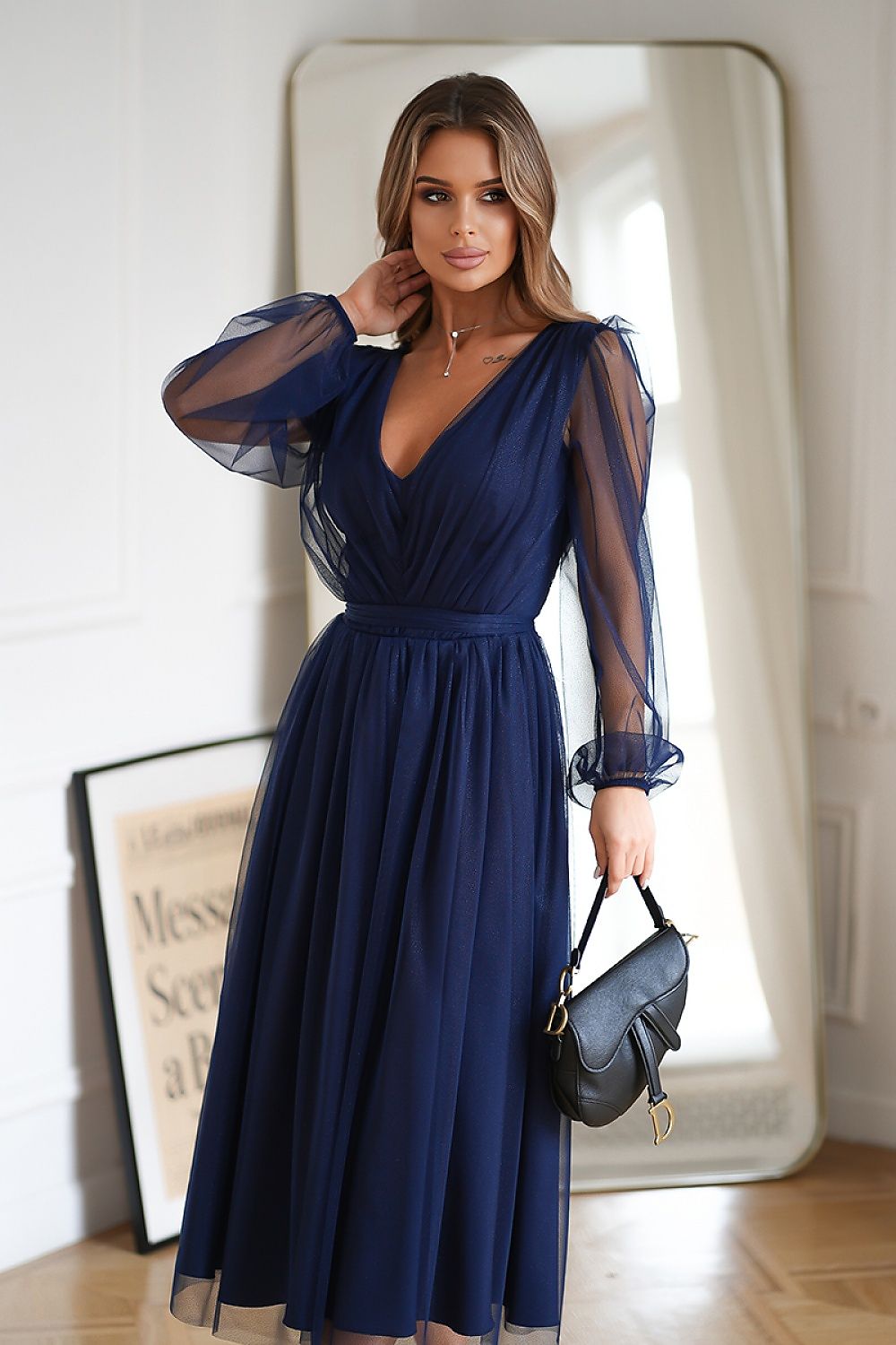 Bicotone Midi Mesh Sleeve Layered Evening Dress