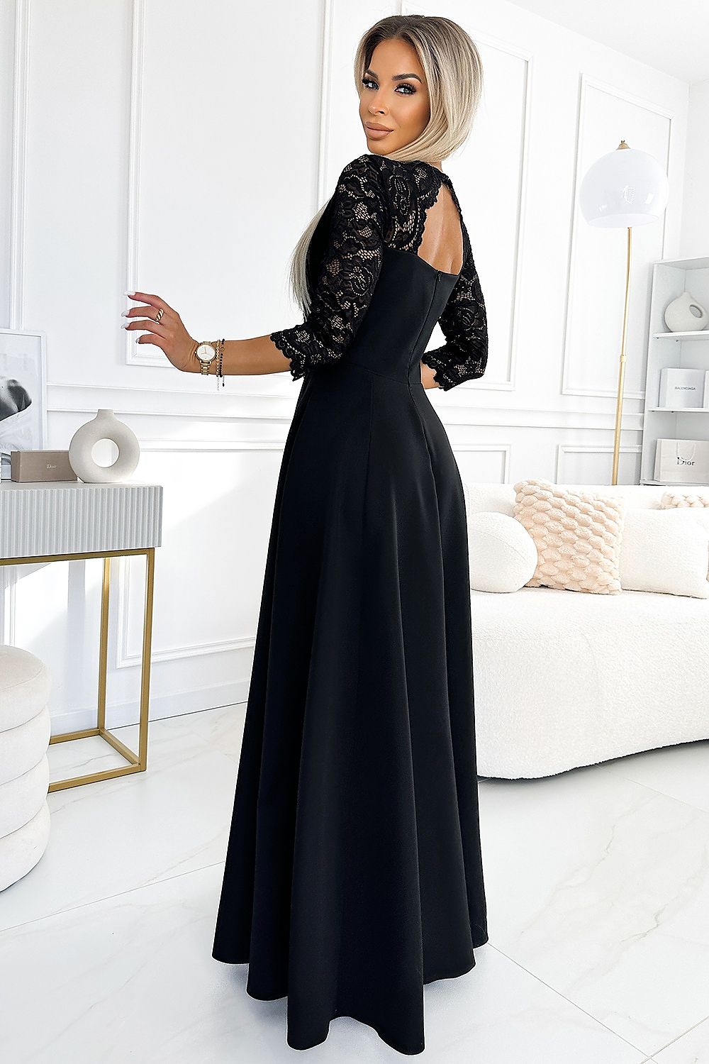 Numoco Amber Long Maxi Occasion Lace Top Long Sleeve Thigh Slit Dress