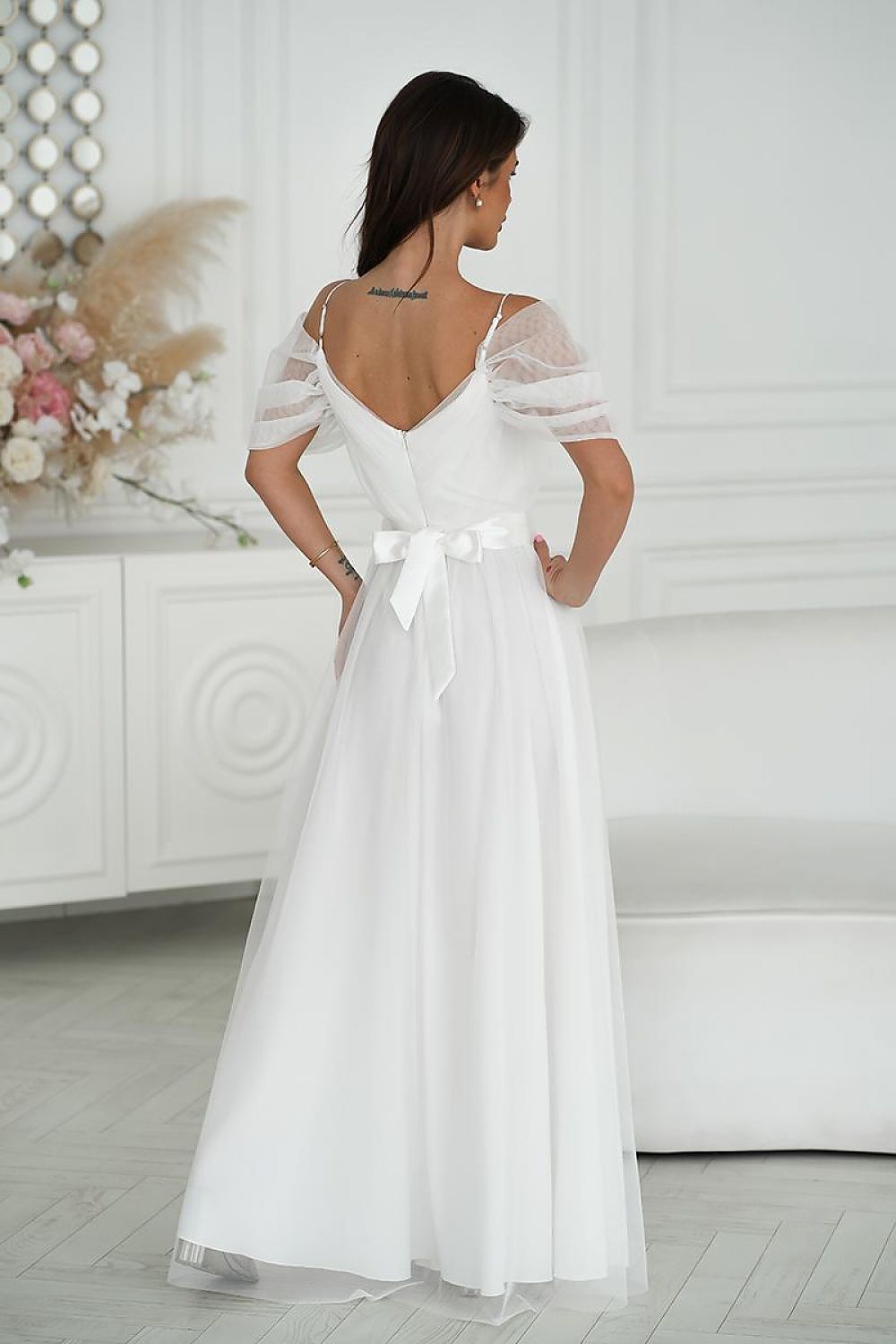 Bicotone Tulle Maxi Plunging Sleeve Belted Dress