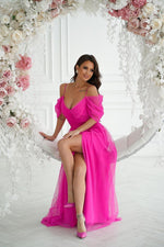 Bicotone Tulle Maxi Plunging Sleeve Belted Dress
