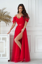 Bicotone Tulle Maxi Plunging Sleeve Belted Dress