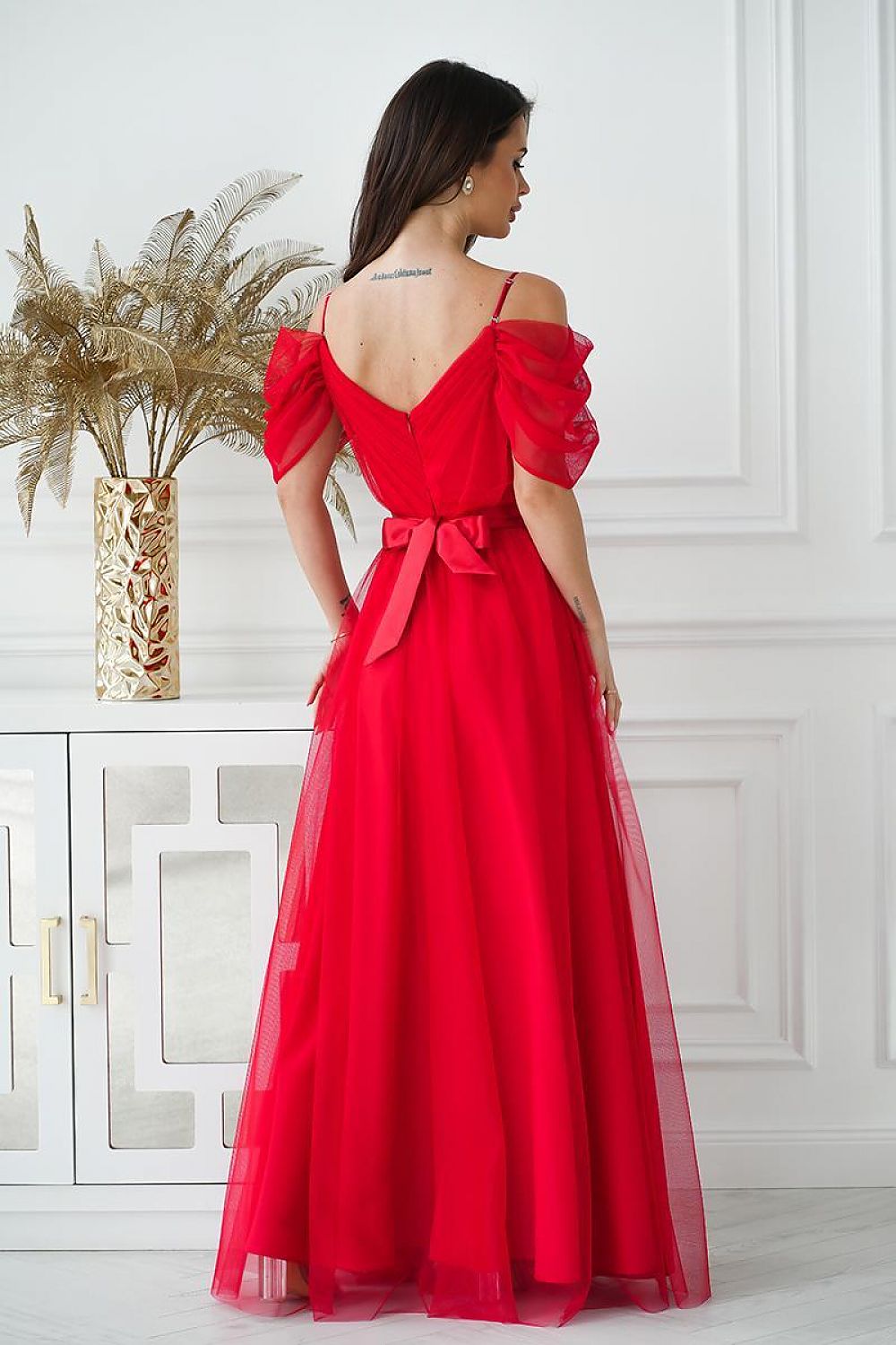 Bicotone Tulle Maxi Plunging Sleeve Belted Dress