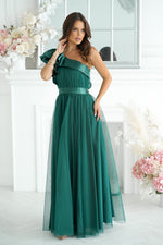 Bicotone Elegant One-Shoulder Mesh Evening Dress with Satin Ruffle Detail green