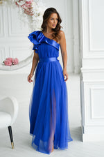 Bicotone Elegant One-Shoulder Mesh Evening Dress with Satin Ruffle Detail blue