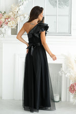Bicotone Elegant One-Shoulder Mesh Evening Dress with Satin Ruffle Detail