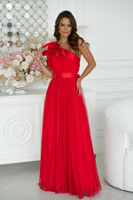 Bicotone Elegant One-Shoulder Mesh Evening Dress with Satin Ruffle Detail red