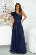 Bicotone Elegant One-Shoulder Mesh Evening Dress with Satin Ruffle Detail