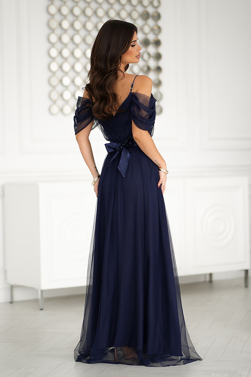 Bicotone Tulle Maxi Plunging Sleeve Belted Dress