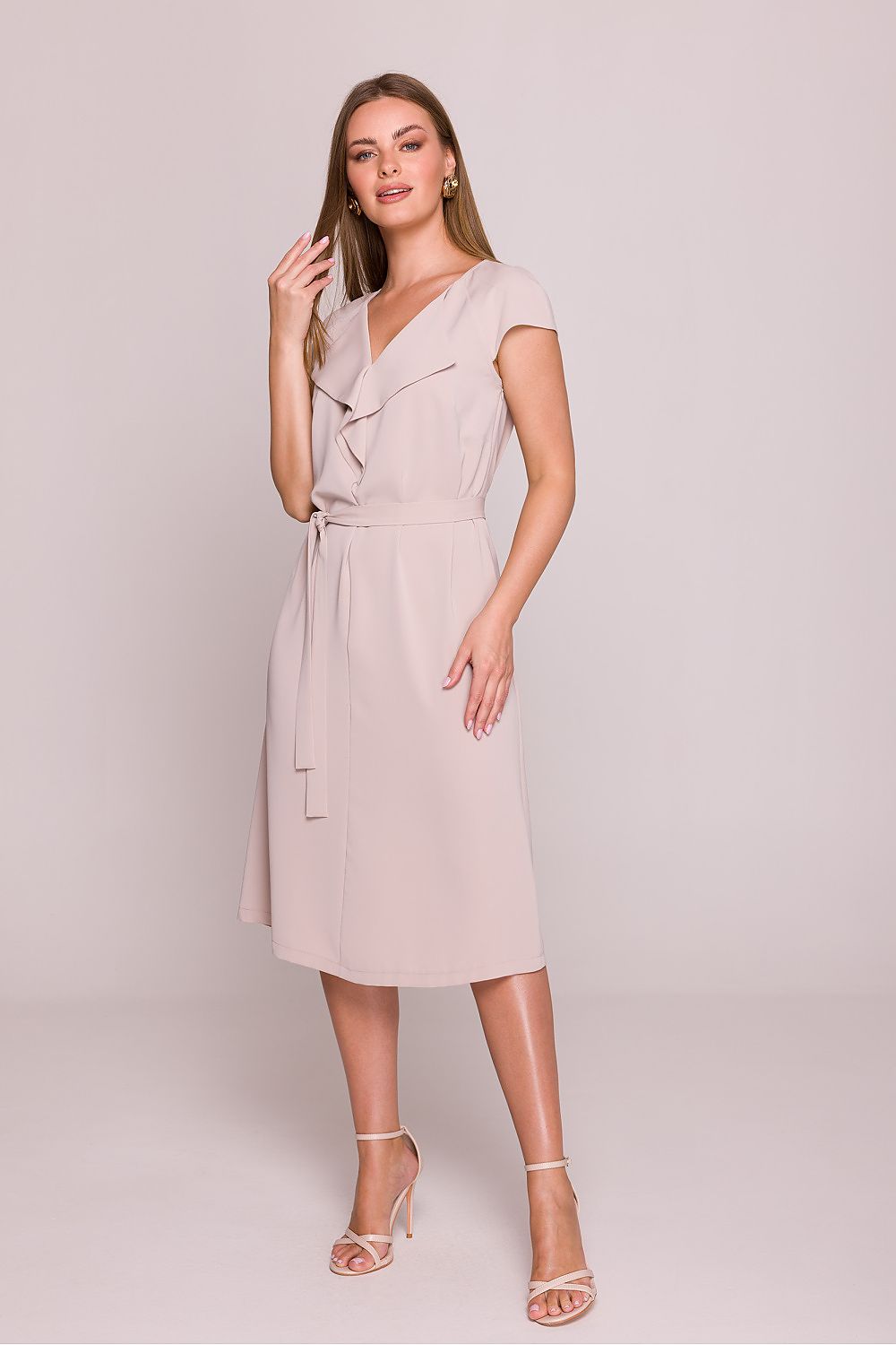 Stylove Cocktail Dress V-Neck Ruffled A-Line Midi - Shimmering Polish Elegance beige