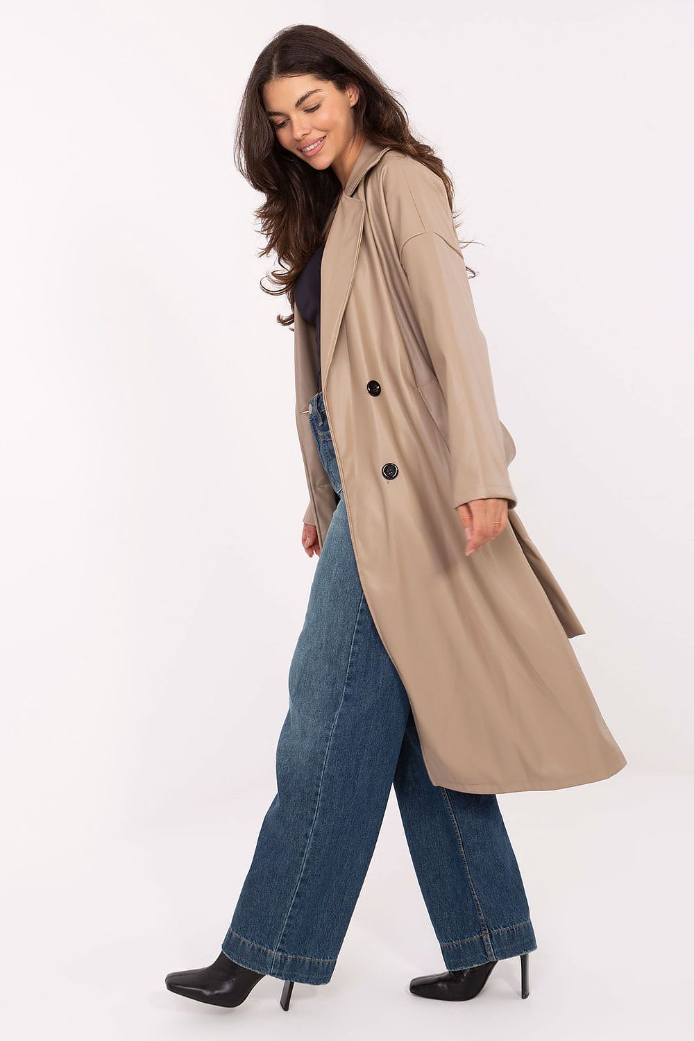 Rue Paris Knee-Length Belted Leather Coat