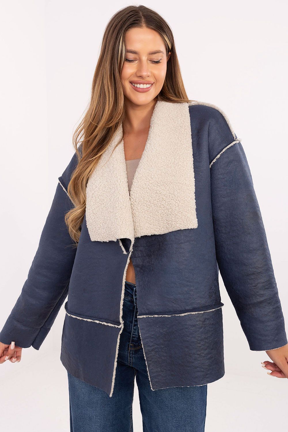 Factory Price Faux Fur Lapel Jacket navy blue one-size-fits-all