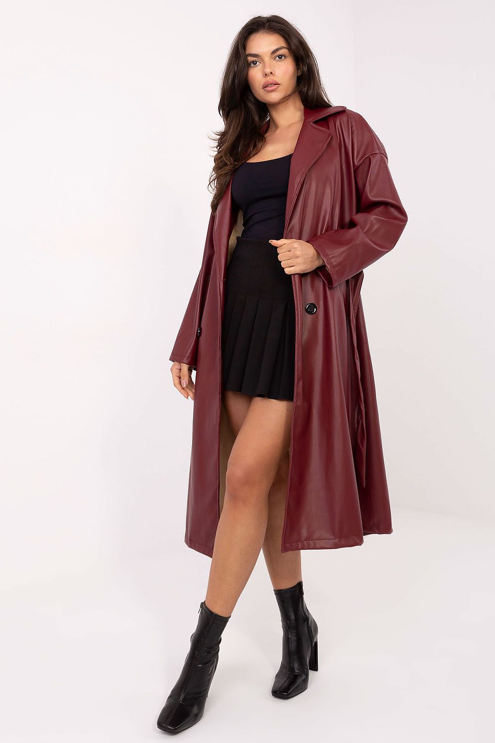Rue Paris Knee-Length Belted Leather Coat red one-size-fits-all