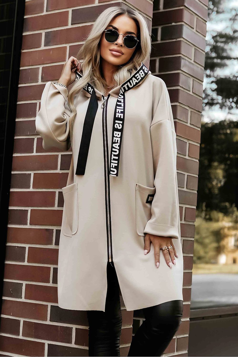 Numoco Hooded Drawstring Coat beige one-size-fits-all