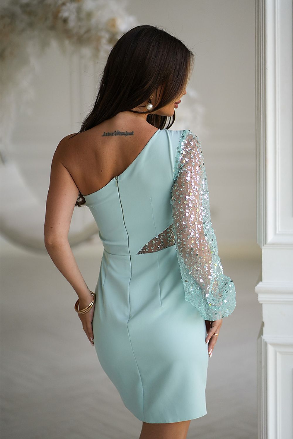 Bicotone Mini Sequin One-Shoulder Crinkle Dress