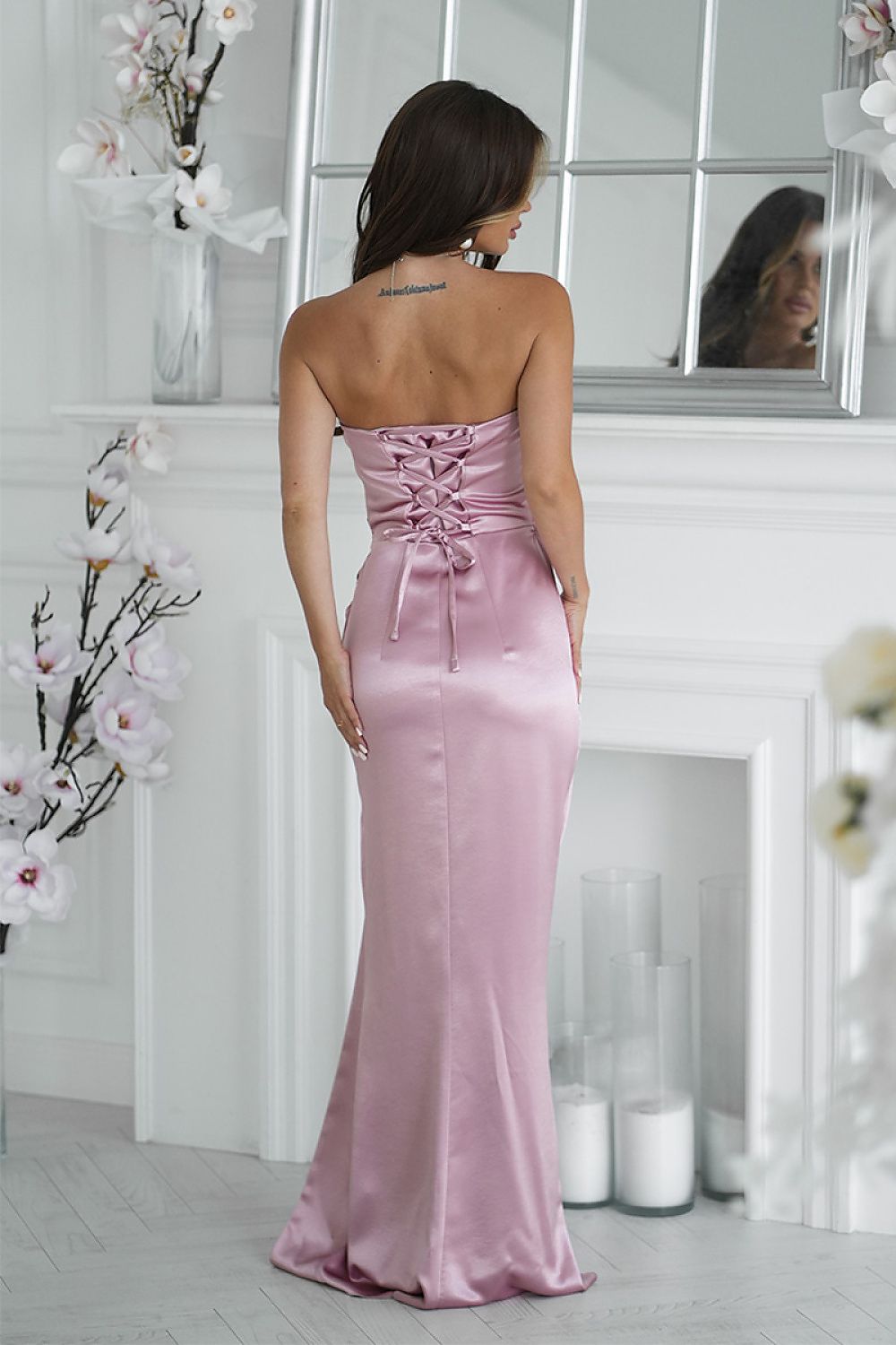 Bicotone Satin Strapless Rose High-Slit Maxi Dress