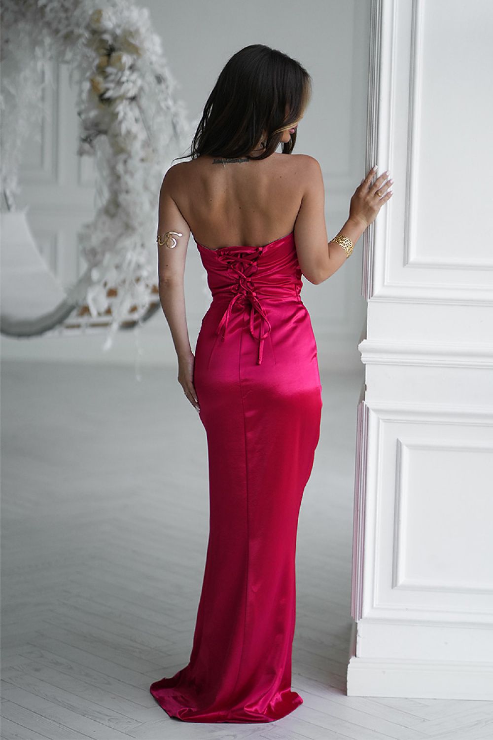 Bicotone Satin Strapless Rose High-Slit Maxi Dress