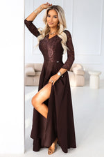 Numoco Amber Long Maxi Occasion Lace Top Long Sleeve Thigh Slit Dress brown