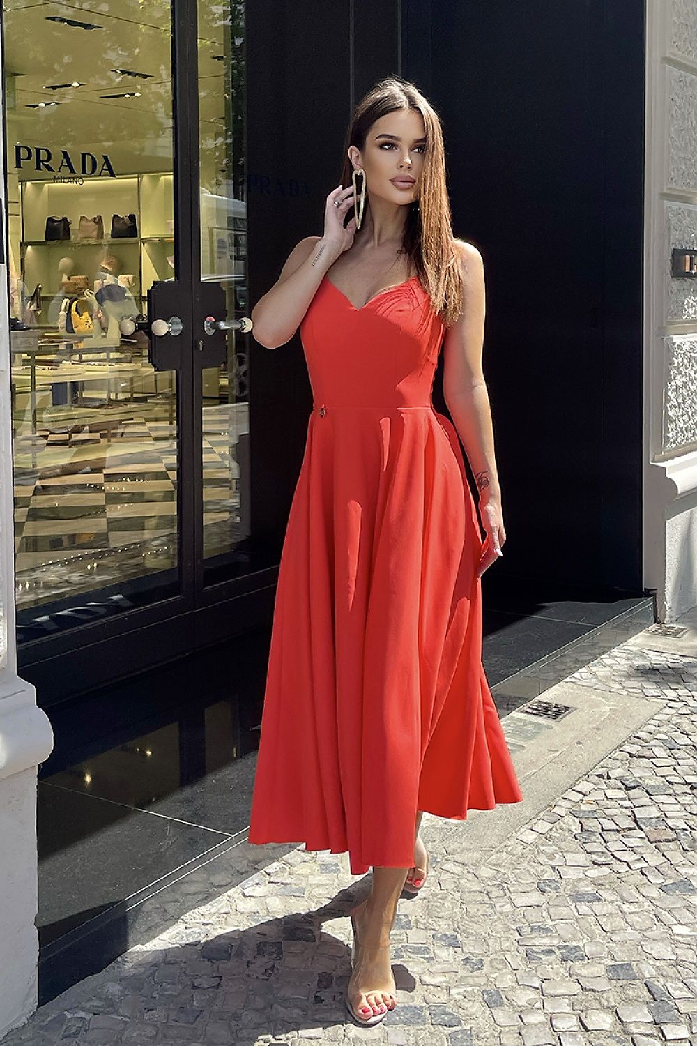Bicotone Midi Strappy Flared Day Dress red