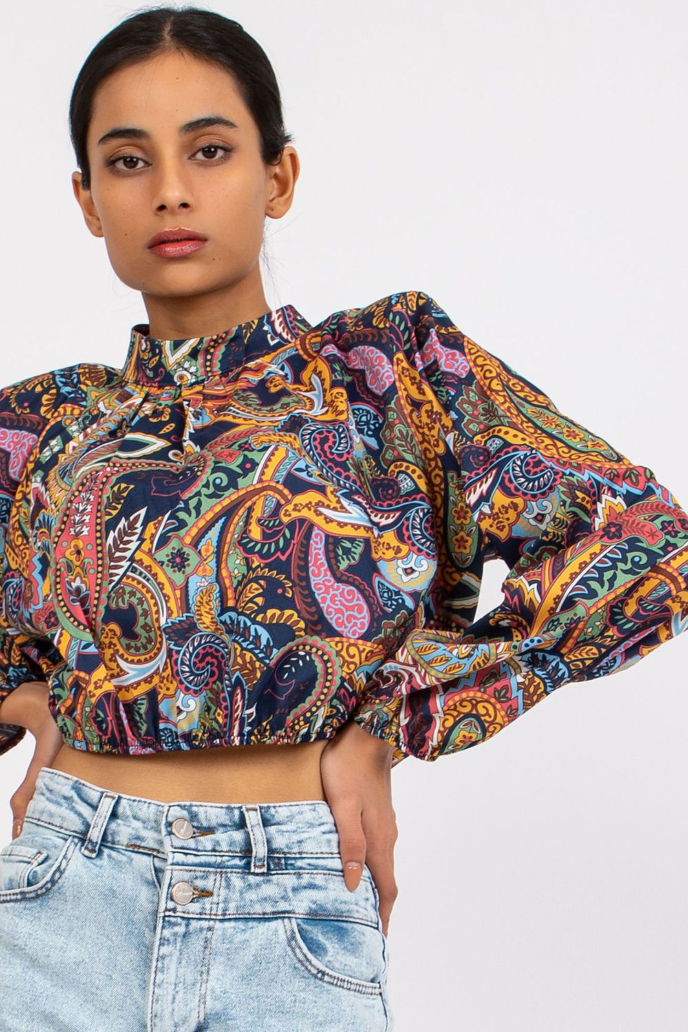 Italy Moda Short Blouse Long Sleeve Stand-Up Collar navy blue one-size-fits-all